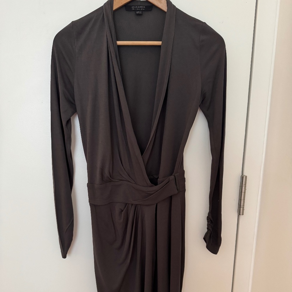 Allsaints dark grey midi wrap dress